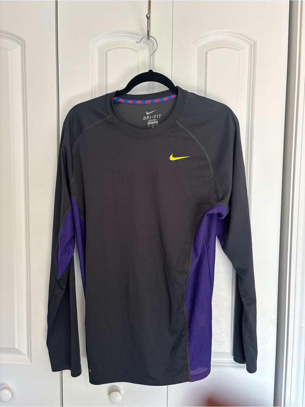 Nike Men’s Long Sleeve Dri-FIT Training Shirt - Charcoal, Purple, Yellow Swoosh